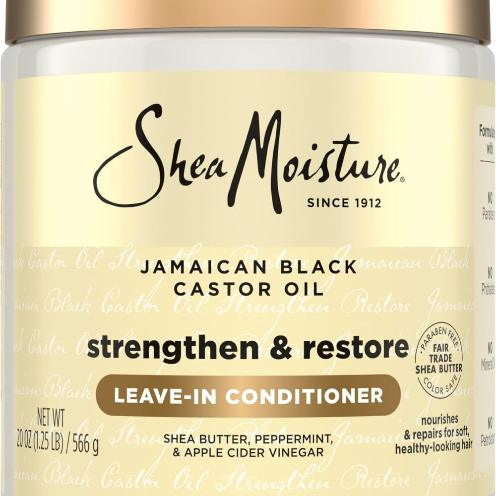 SHEA MOISTURE JBCO LEAVE IN COND STRNGTH+RESTORE 20 FL.OZ. | For damaged hair - reduces breakage, improves elasticity, and controls frizz with Jamaican Black Castor Oil and Shea Butter.